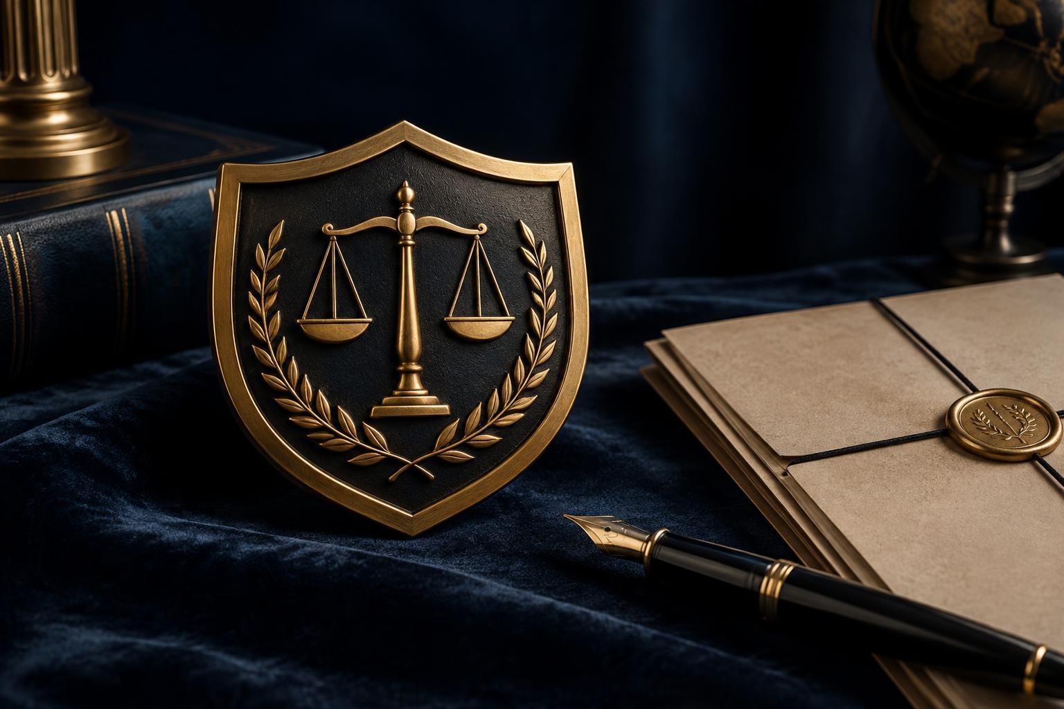 Gold shield with scales of justice on navy velvet